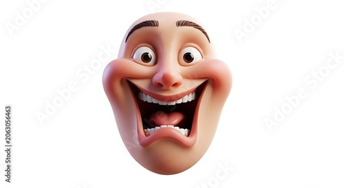 A 3D cartoon-style illustration of a man's face with an exaggerated, wide-eyed, open-mouthed expression of joy or laughter