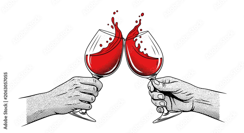 Fototapeta premium Vintage engraving of hands clinking red wine glasses, retro woodcut style toast with wine splash, hand drawn celebration vector illustration