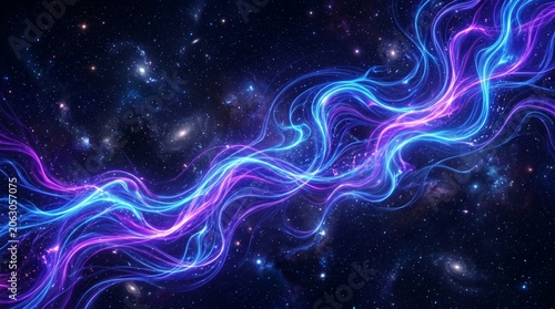 Abstract Cosmic Energy Waves with Glowing Blue and Purple Neon Lines in Deep Space Background