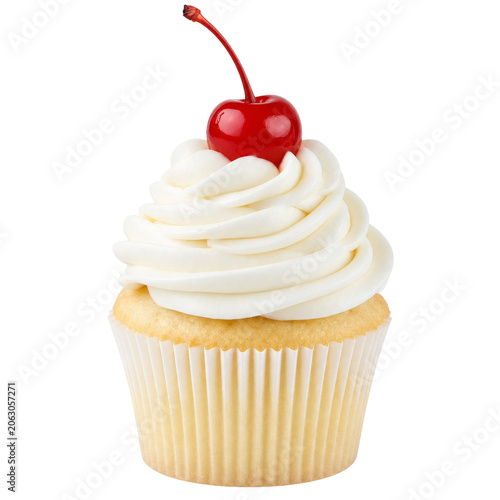 Foto Delicious vanilla cupcake with creamy frosting and a bright red cherry on top