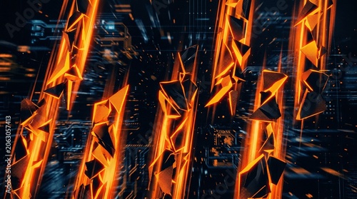 Abstract Futuristic Digital Technology Background with Glowing Orange Motion Trails and Geometric Shards