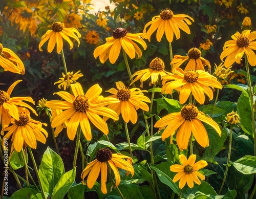 A vibrant cluster of bright yellow flowers with dark centers and green leaves