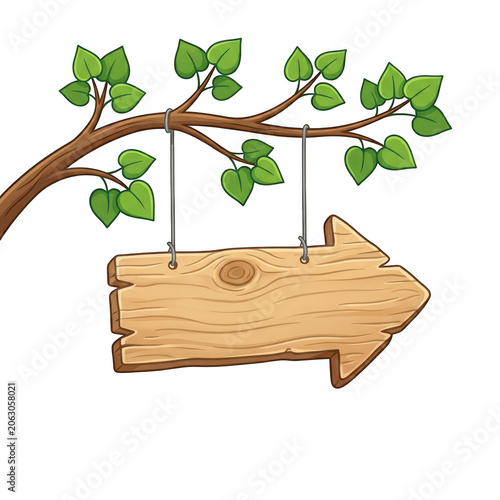Cartoon style wooden arrow sign on tree branch isolated on transparent