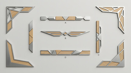 Minimalist corner flourishes and decorative linear ornaments in gold and silver on white background