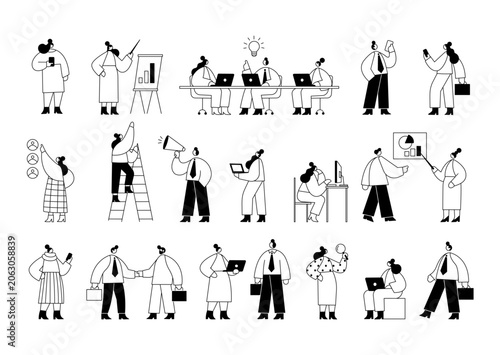 Business teamwork character set with office meeting, discussion, planning, laptop work, presentation, chatbot and communication scenes in black and white outline vector style with editable strokes.