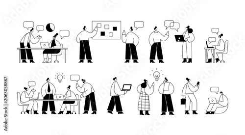 Business teamwork character set with office meeting, discussion, planning, laptop work, presentation, chatbot and communication scenes in black and white outline vector style with editable strokes.