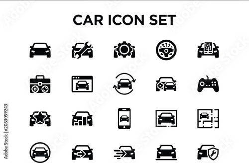 Set of black vehicle interface glyph symbols representing automotive maintenance repair services and modern transport technology