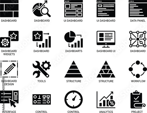 Set of business and user interface icons for web development and software management dashboard projects