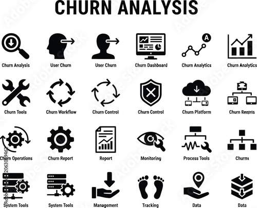 Set of business icons showing churn analysis metrics and customer retention tracking for company growth management