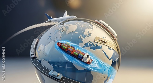 A 3D globe with a ship on blue waters, surrounded by a plane, train, and truck