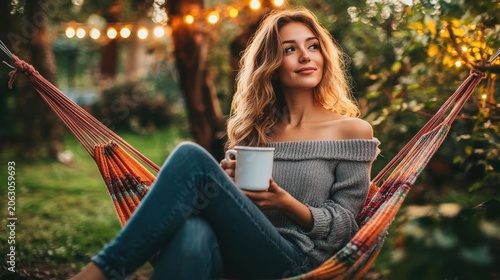 woman relaxing in hammock with coffee