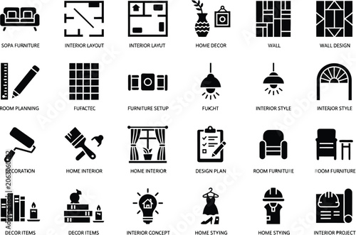 Set of interior architecture and home renovation black icons for building planning and room decoration