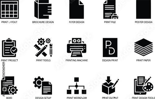 Set of professional printing and graphic design icons for business projects and document production workflows