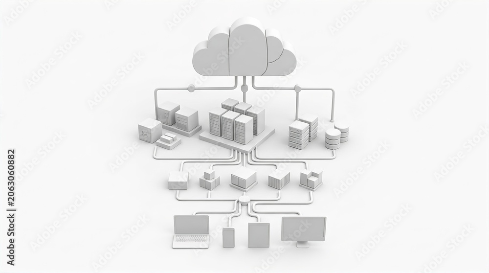 Naklejka premium Cloud Computing Network Infrastructure Connecting Servers and Digital Devices in Modern Data Center Architecture for Global