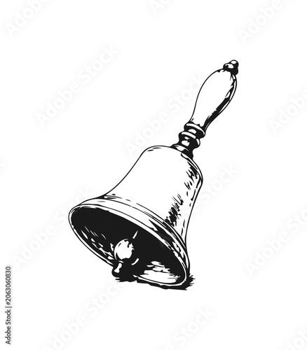 Obraz na płótnie Simple hand drawn school handbell sketch, engraved illustration of vintage metal hand bell alarm clip art