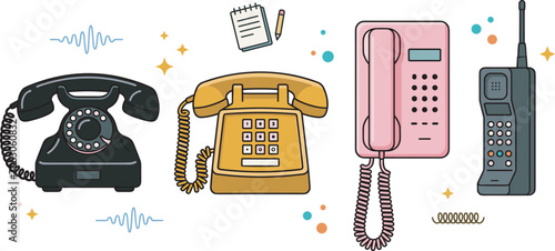 Obraz na płótnie Evolution of retro telephone set with vintage rotary phone push button landline