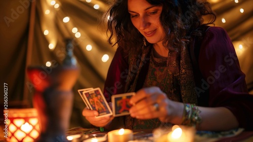 A fortune teller reading tarot cards for a client in a tent illuminated by warm, ambient light