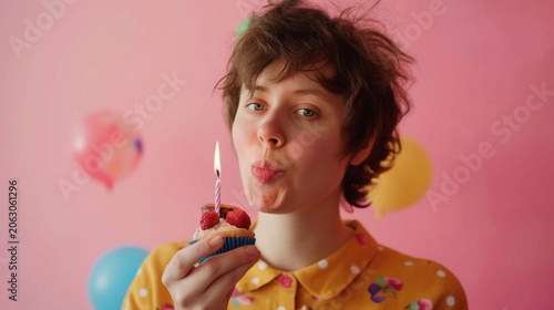 A person blowing out birthday candles on a small cupcake, making a wish against a cheerful pink background