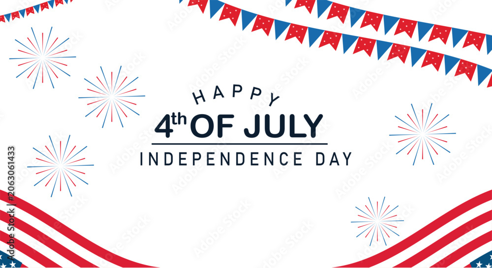 Fototapeta premium Happy 4th of July typography design with vertical American flag brush stroke on both sides, vector illustration.