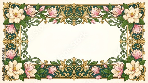 Elegant floral border with magnolia flowers and ornate scrollwork