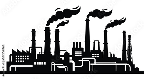 Konstfotografi Industrial factory complex with smokestacks and pollution black and white silhou