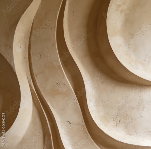 Abstract beige wall with smooth 3D waves, niches and clay plaster texture. Concept of modern architectural