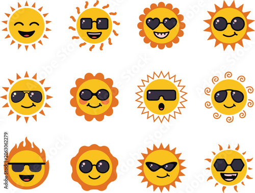 Funny Sun Emoji Vector Set with Sunglasses and Smiling Faces, Cute Cartoon Sunshine Emoticon Collection, Summer Weather Character Icons Isolated on White Background