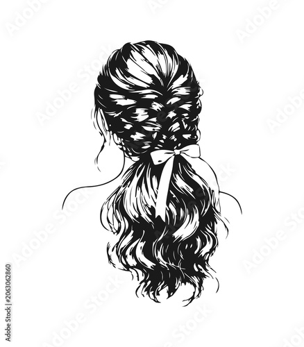 Simple hand drawn female portrait with braided hair, pencil sketch, engraved long hair hairstyle fashion illustration.