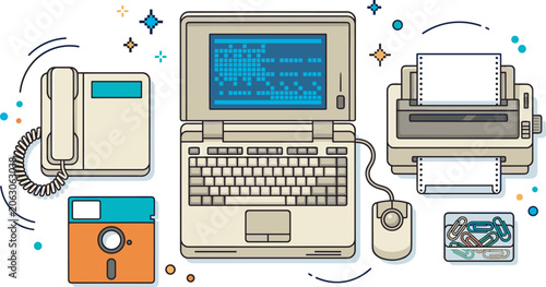 Valokuva Retro vintage workspace collection with old portable laptop computer dot matrix