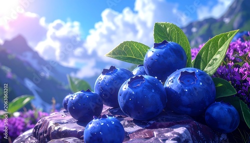 A vibrant cluster of juicy blueberries on a rocky outcrop surrounded by purple flowers and green leaves