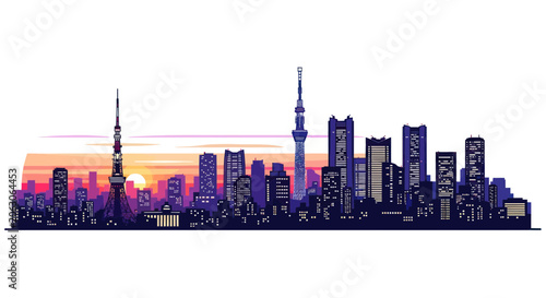 Modern tokyo city skyline silhouette in pixel art style at sunset