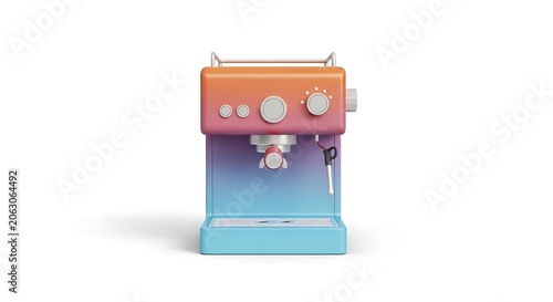 A 3D illustration of a colorful, futuristic-looking espresso machine with a gradient effect