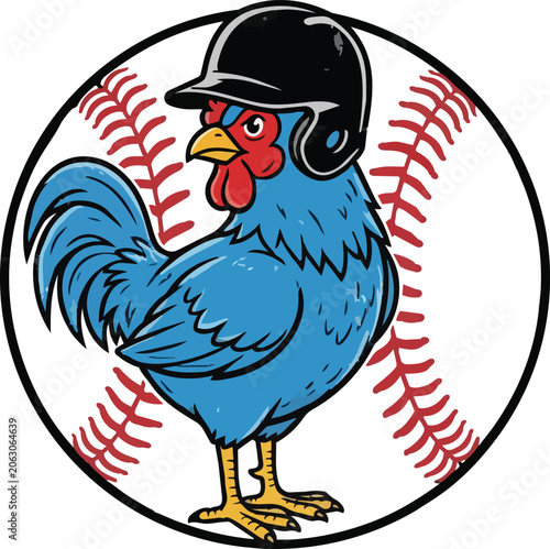 Funny blue rooster wearing a black baseball helmet inside a baseball circle frame, sports mascot vector illustration.