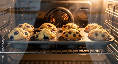 A baking tray with six muffins in an oven