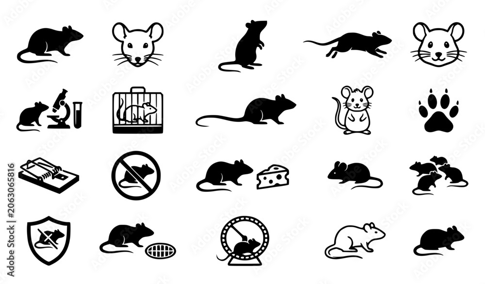 Fototapeta premium Rat and Mouse Icon Set: Minimalist Vector Collection for Pest Control, Pet Care, and Scientific Research
