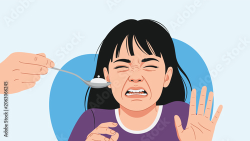 Young woman showing disgust while being offered spoonful of something unpleasant highlights food aversion or medicine refusal with expression.