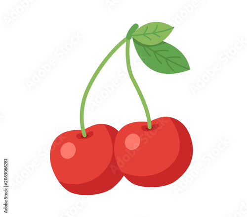 Cute Cherries Fruit Isolated on White. Flat Vector Illustration.