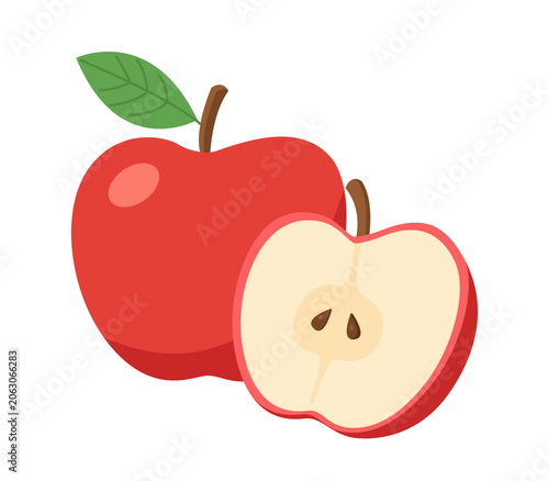 Cute Red Apple Isolated on White Background. Flat Hand Drawn Vector Illustration.