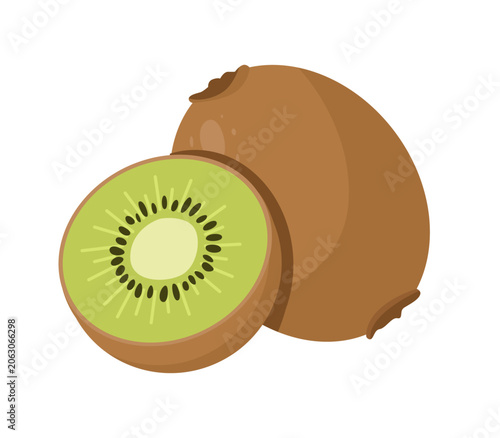 Cute Kiwi Fruit Isolated on White. Flat Vector Illustration.