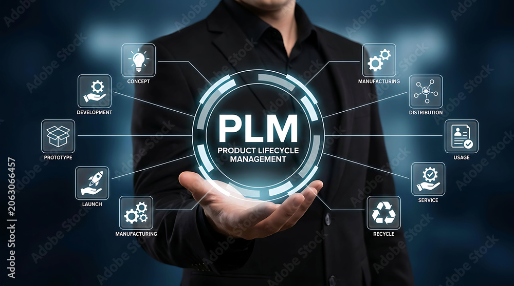 Fototapeta premium Businessman holding product lifecycle management PLM circular diagram virtual icon