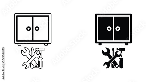 Industrial storage cabinet with maintenance tools icon set in line art and solid black styles for manufacturing and facility management apps
