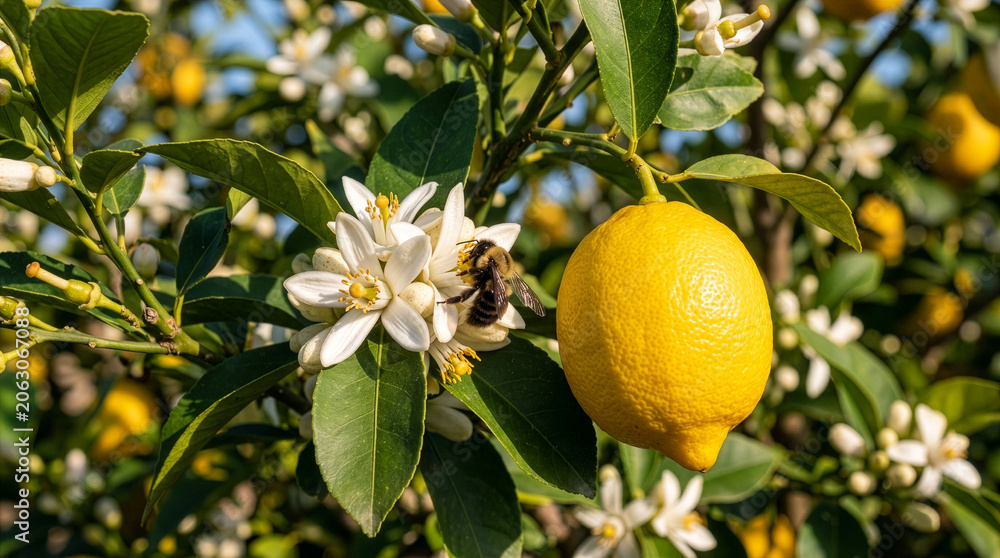 Fototapeta premium Honey bee pollinating white lemon blossom on tree branch next to ripe yellow citrus fruit, organic farming concept