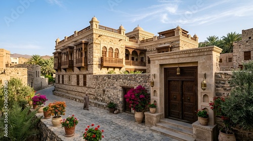 Ancient Omani Courtyard House, Traditional Architecture, Vivid Flowers, Historic Village