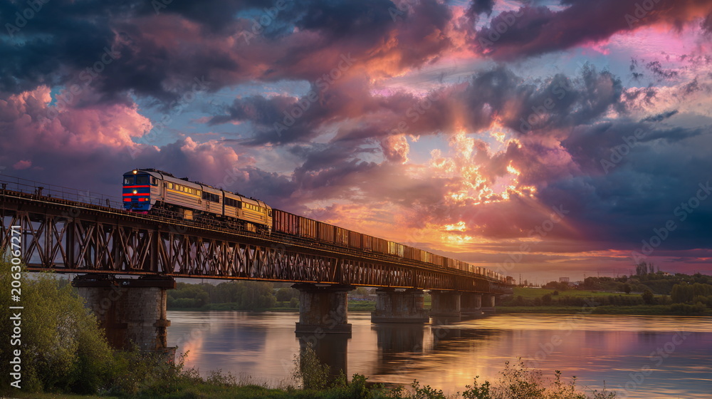 Fototapeta premium Railway bridge stretching across a river beneath a dramatic sunset sky creates a scenic transportation landscape with vibrant evening colors.