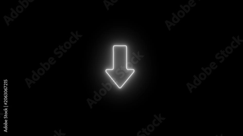 Glowing white neon arrow pointing downwards on black background, minimalist motion pointer direction