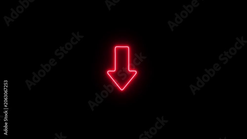 Glowing red neon arrow sign pulsing on black background, minimalist directional indicator for digital interface, ui for navigation and call to action
