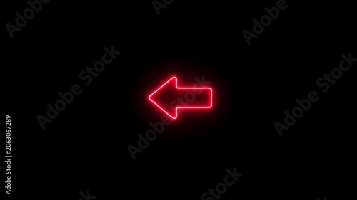 Neon red left arrow sign glowing on black background, minimalist directional symbol for digital interface and navigation