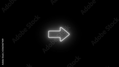 Glowing neon arrow sign pointing right, minimalist white light pointer animation on black background