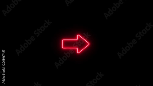 Glowing red neon arrow sign pulsing on black background, minimalist directional indicator for digital interface and motion