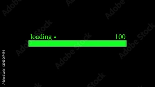 Green digital loading bar progress indicator animation on black background, for ui ux